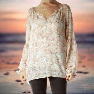 White House Black Market Geometric Print Shimmer Flowy V Neck Blouse size 6
